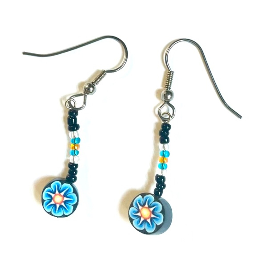 Fimo Clay Blue Flower Beaded Dangle Earrings